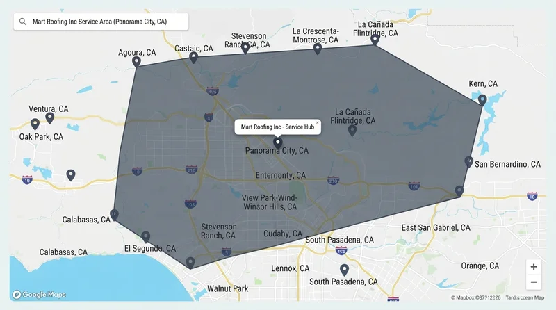 Service Area Map for Mart Roofing Inc