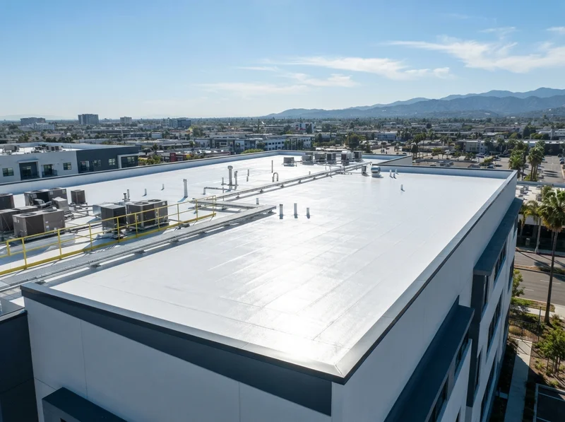 White TPO roof reflecting intense summer sun White TPO roof reflecting intense summer sun